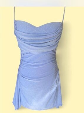 Windsor Sparkle Ruched Light Blue Slip Dress with Spaghetti Straps